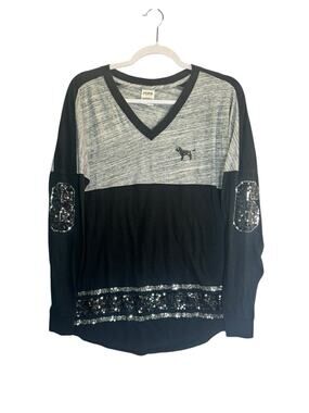 Victoria's Secret PINK Sequin Varsity Long Sleeve Top Y2K Bling Sporty Glam Sz S